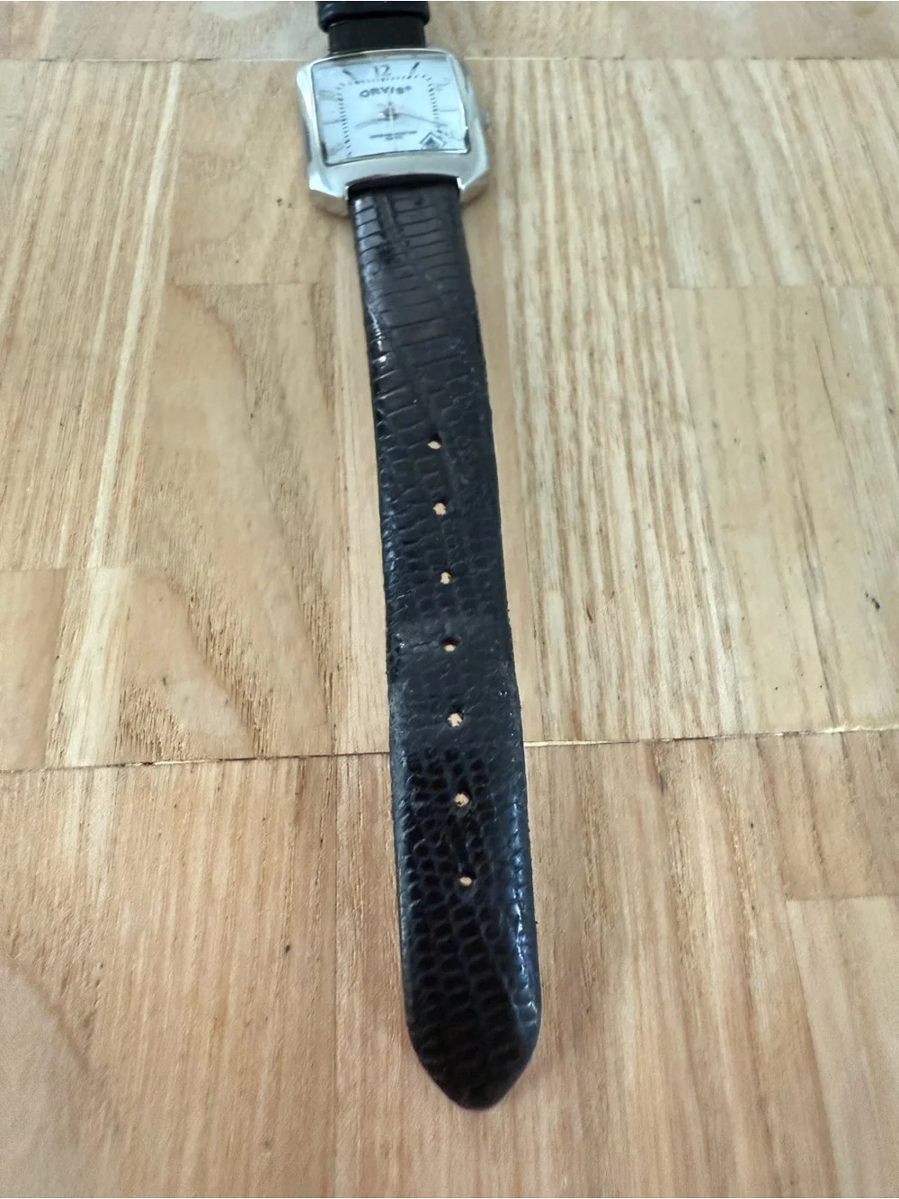 Orvis ladies silver tone black leather watch NEW BATTERY